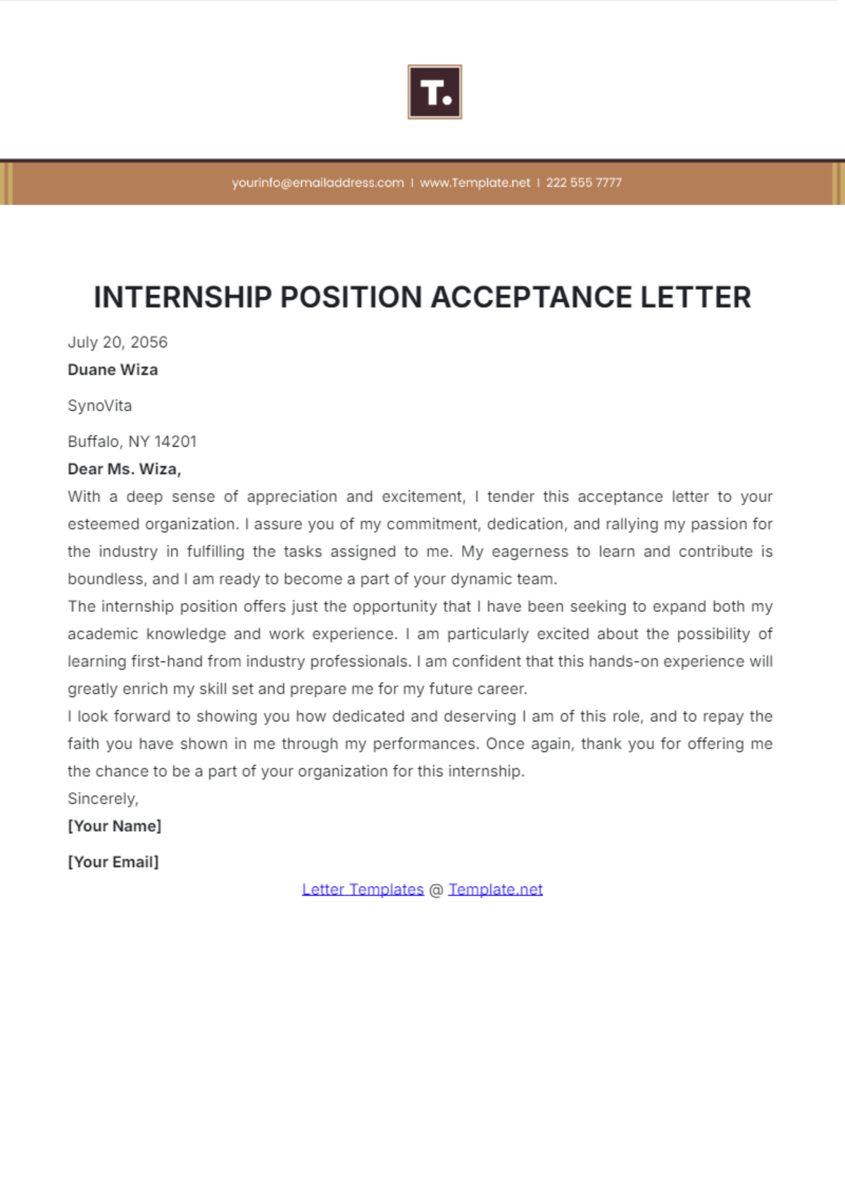 Internship Position Acceptance Letter Template