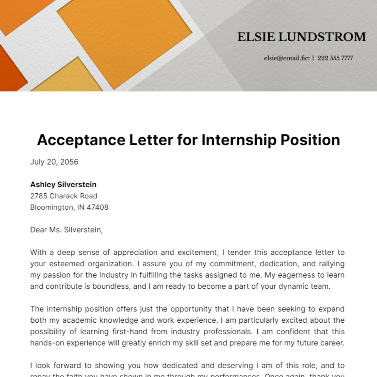 Free Acceptance Letter for Internship Position Template