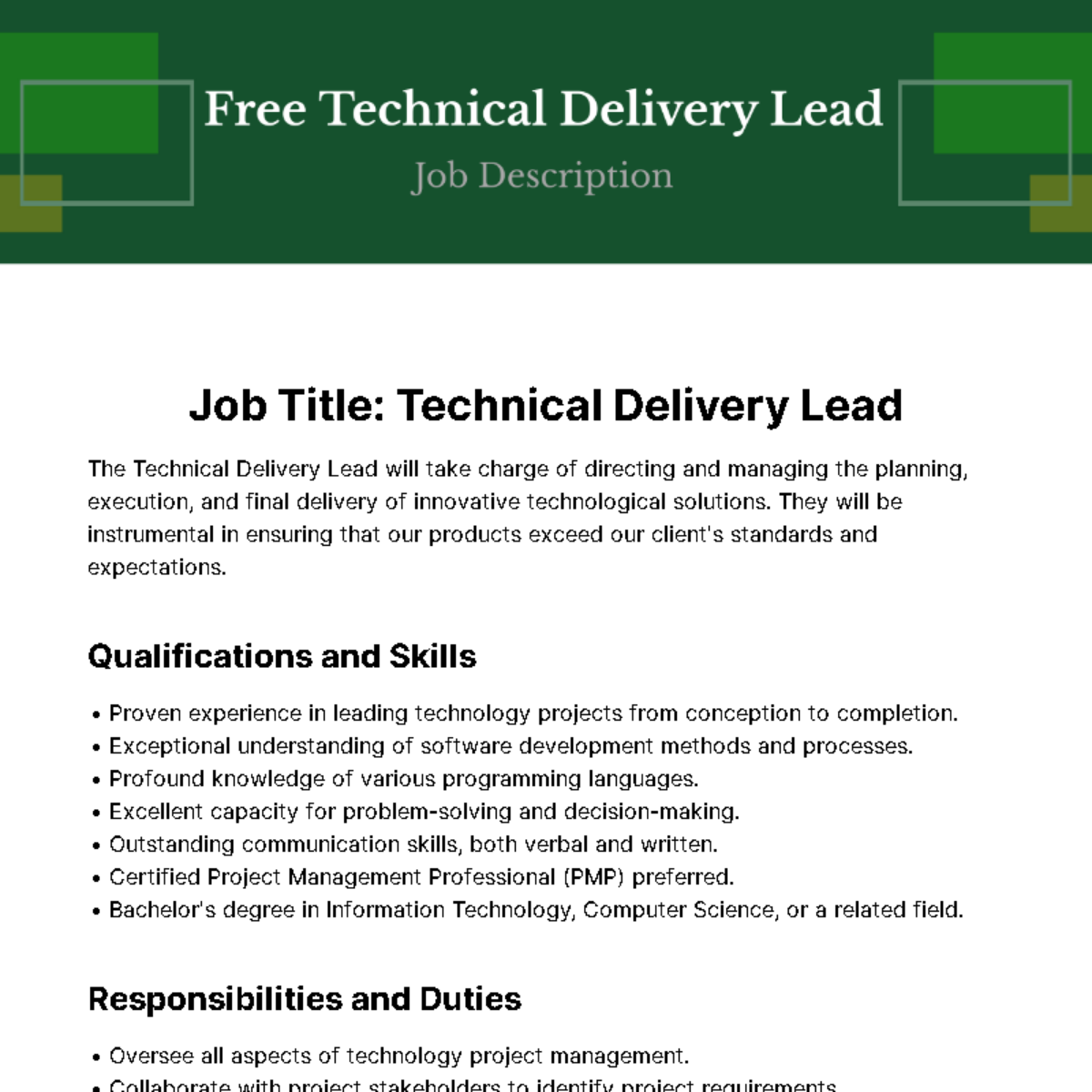 Technical Delivery Lead Job Description Template