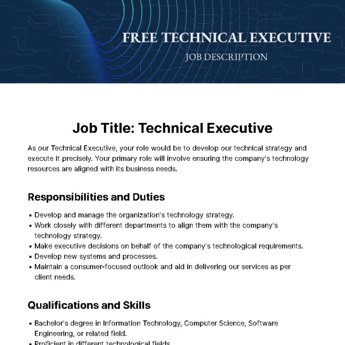 Technical Executive Job Description Template