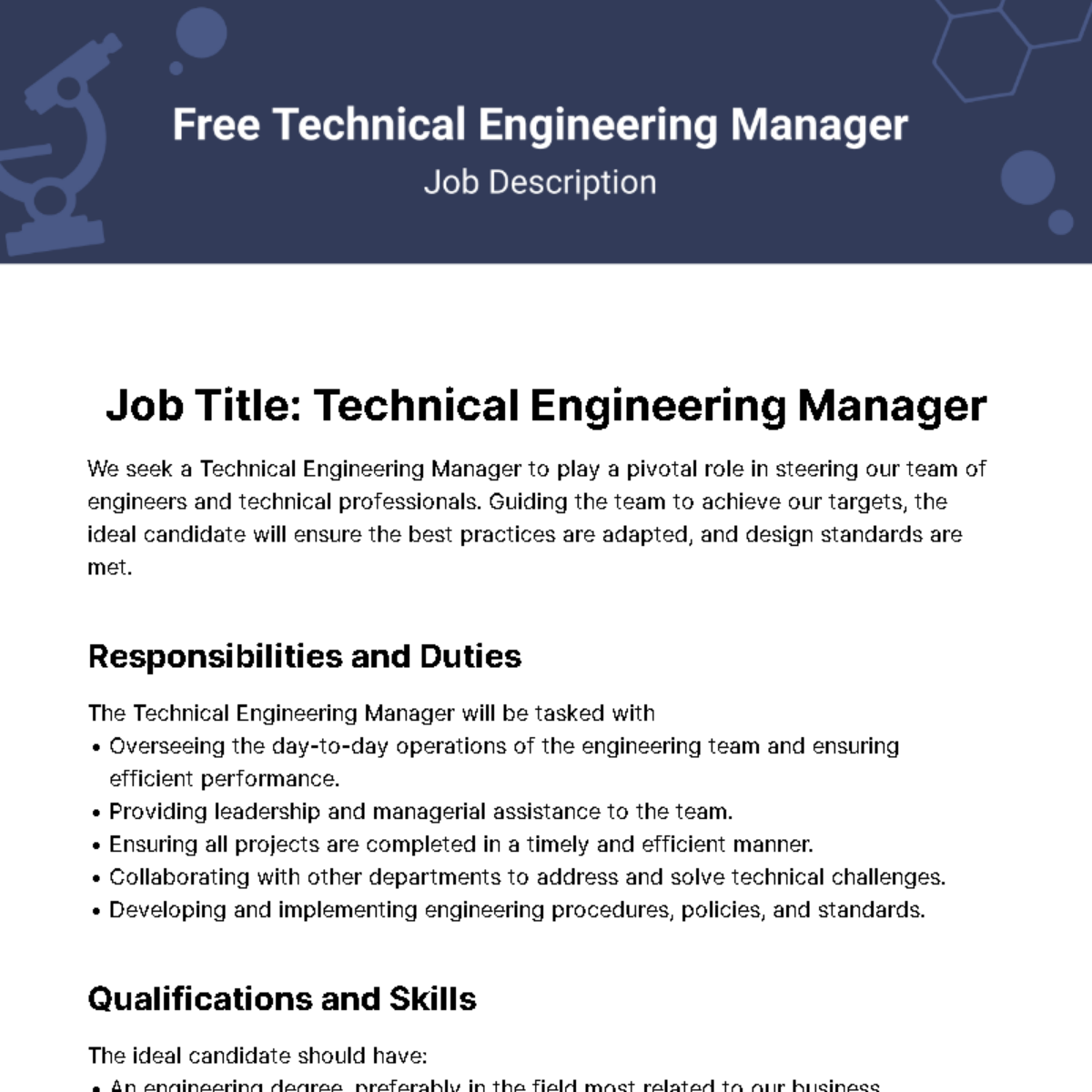 Technical Engineering Manager Job Description Template