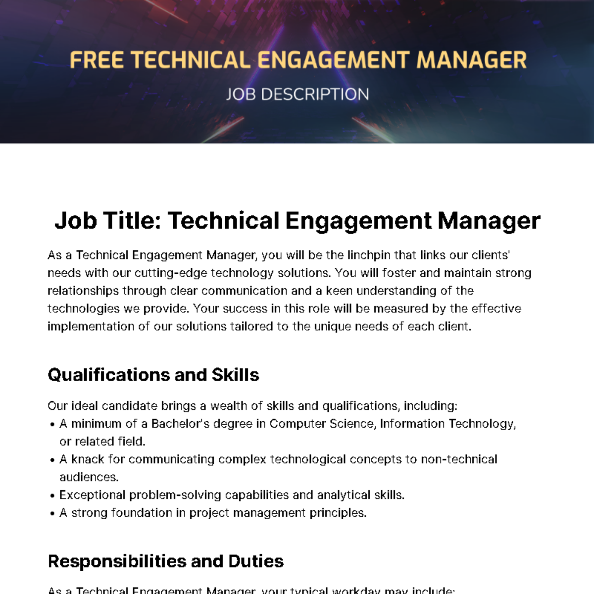 Technical Engagement Manager Job Description Template