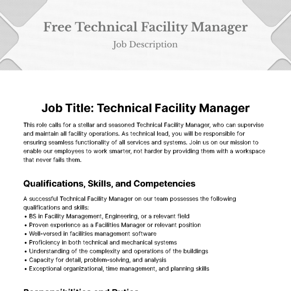 Technical Facility Manager Job Description Template