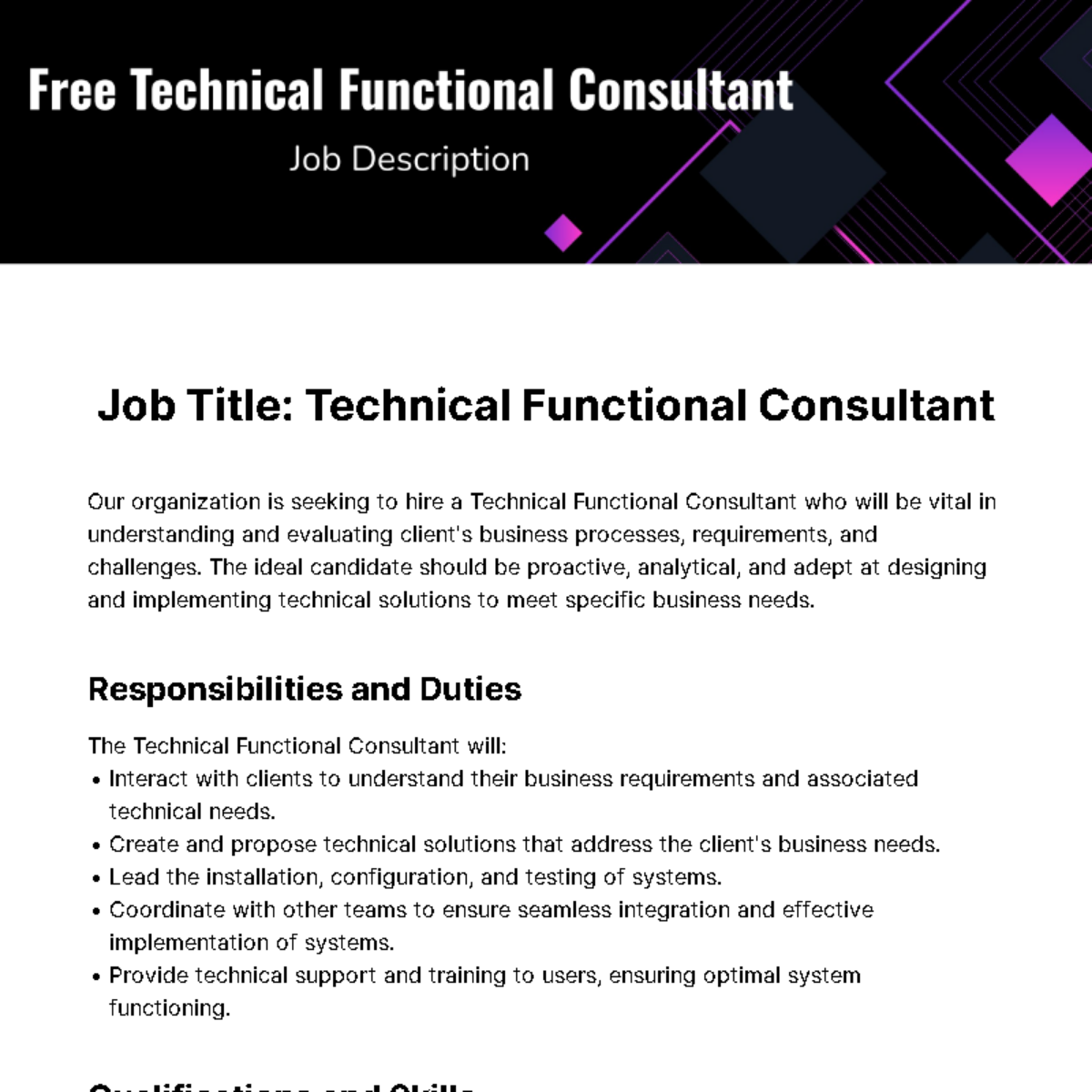 Technical Functional Consultant Job Description Template