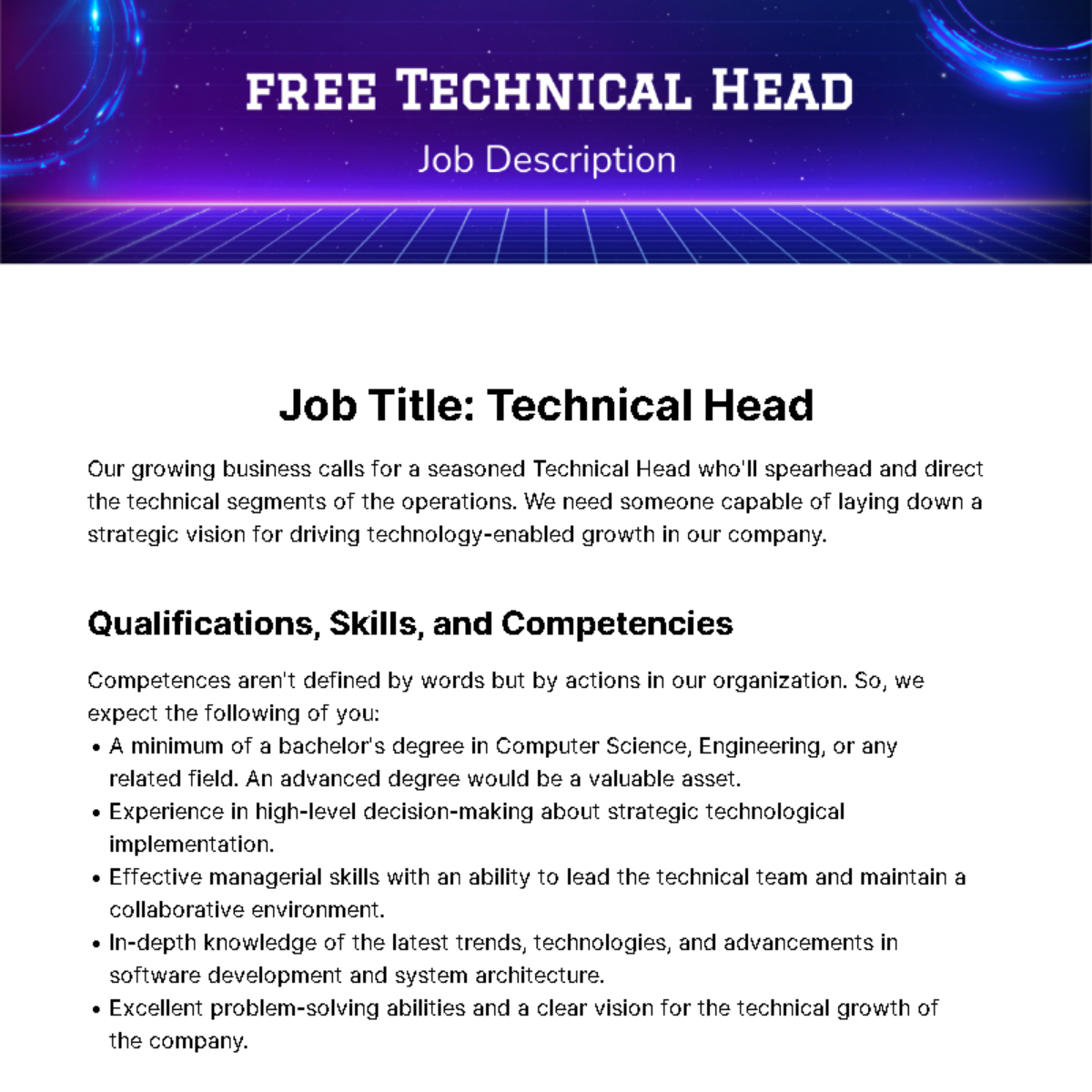 Technical Head Job Description Template