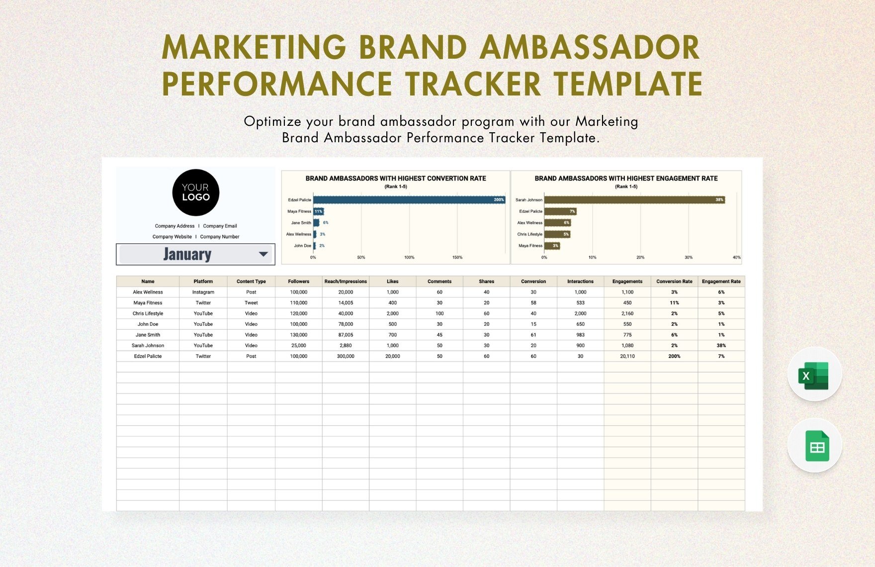 Marketing Brand Ambassador Performance Tracker Template