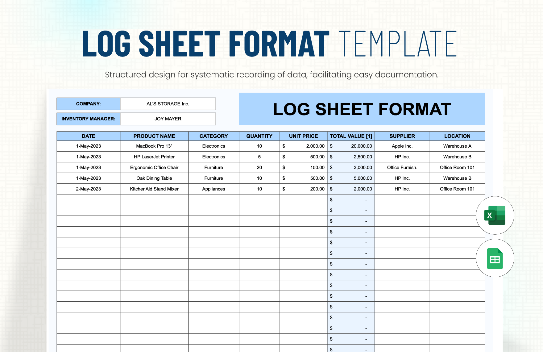 Free Log Sheet Format Template in Excel, Google Sheets
