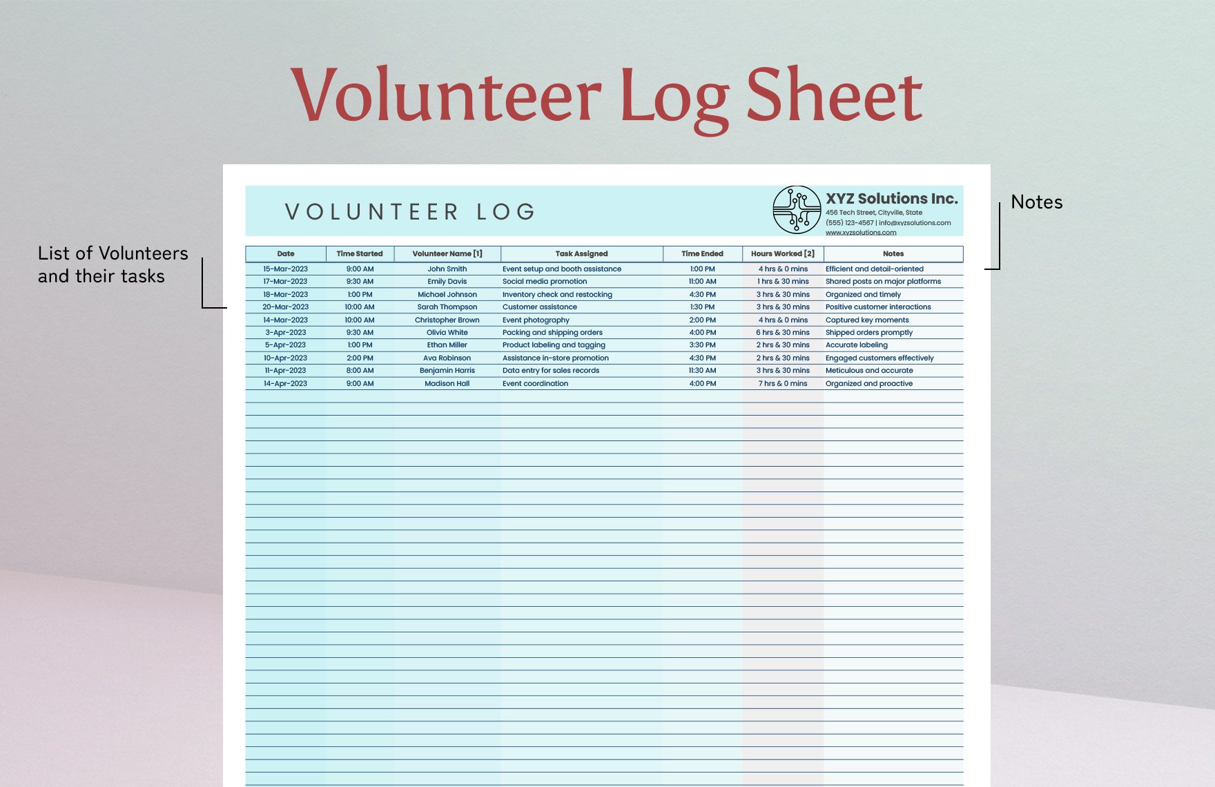 Volunteer Log Sheet Template