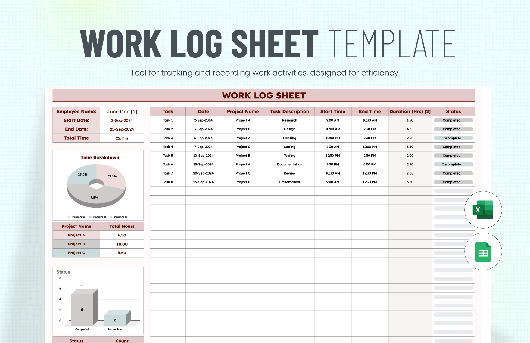 Work Log Sheet Template in Excel, Google Sheets - Download | Template.net