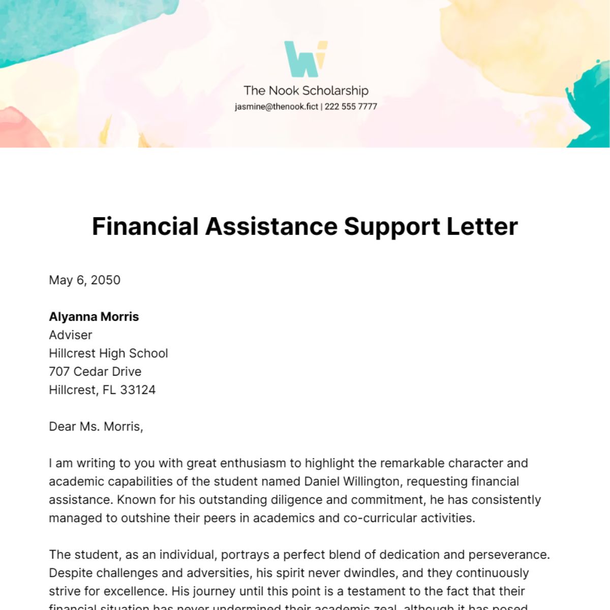Financial Assistance Support Letter Template