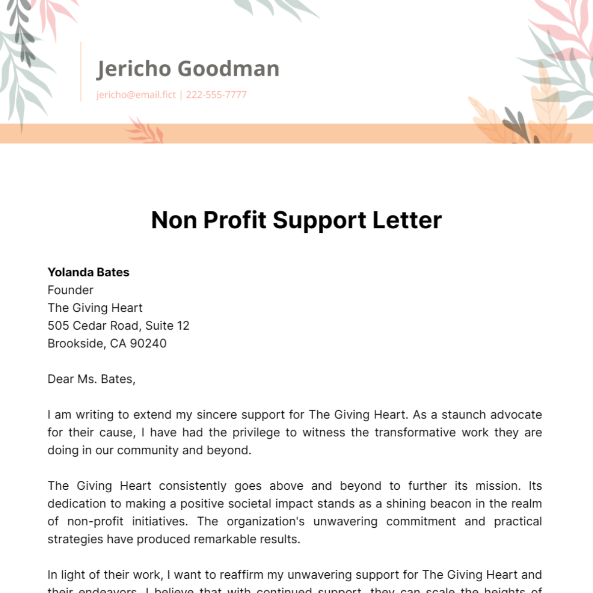 Non Profit Support Letter Template