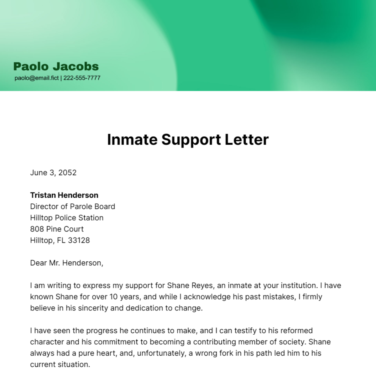 Inmate Support Letter Template