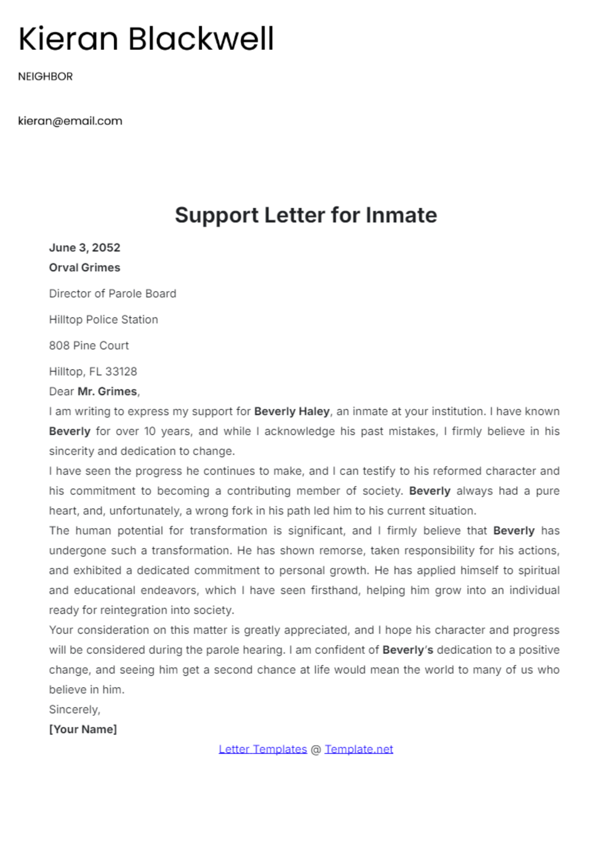 Support Letter Template for Inmate - Edit Online & Download