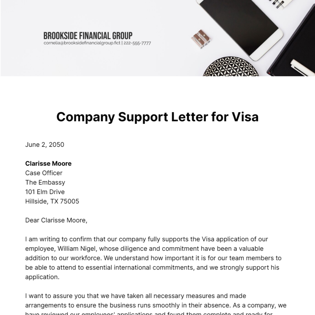 Company Support Letter for Visa Template