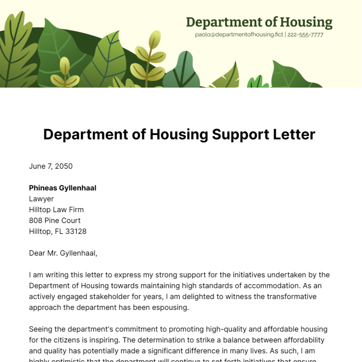 Department of Housing Support Letter Template