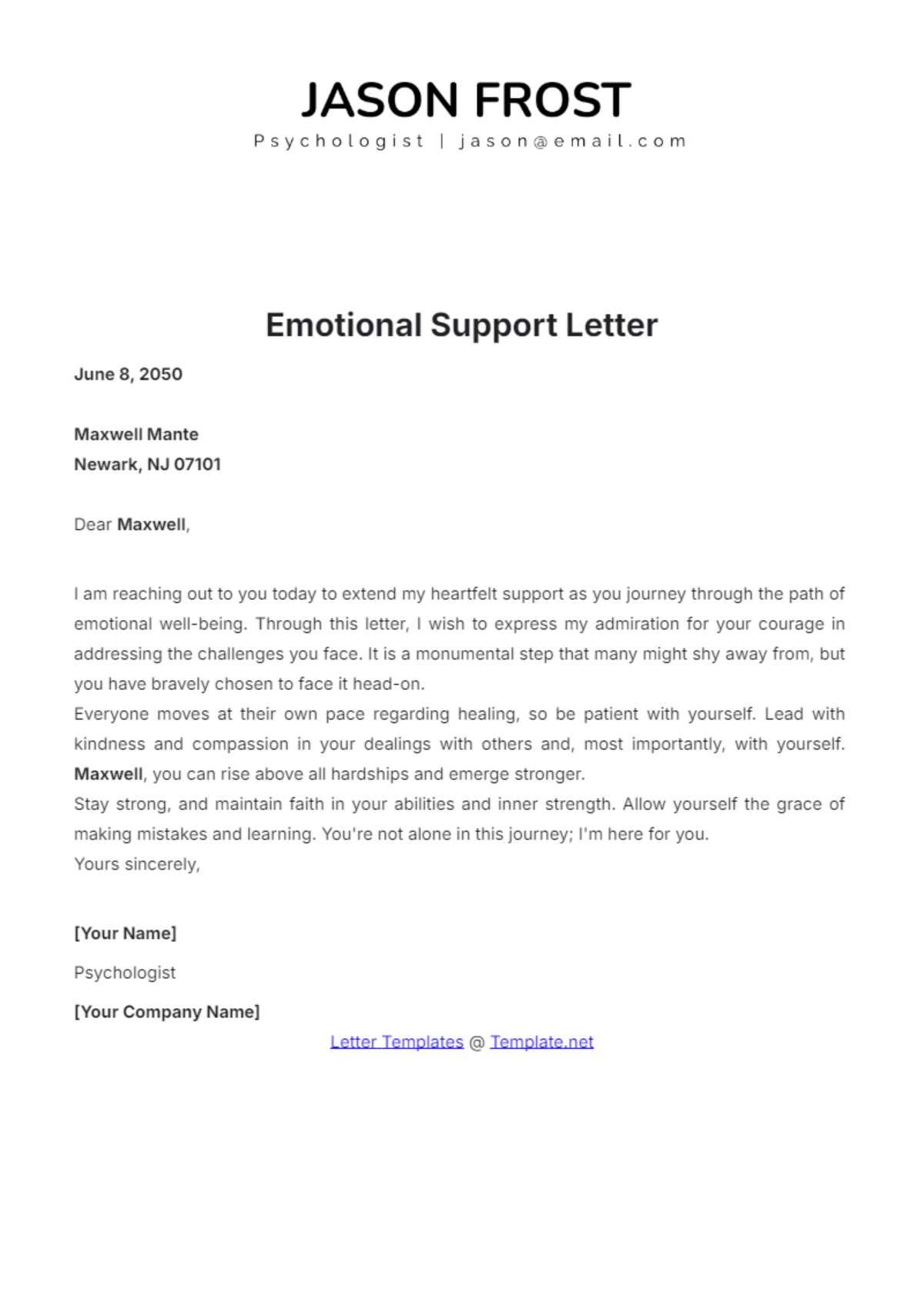 Simple Emotional Support Letter Template - Edit Online & Download