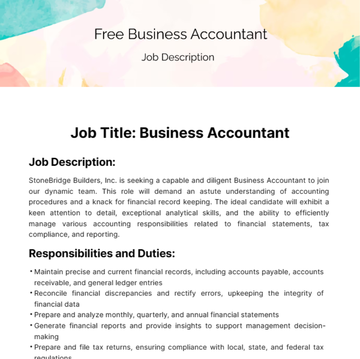 Business Accounting Job Description Template
