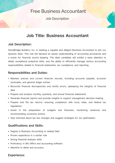Free Business Accounting Job Description Template to Edit Online