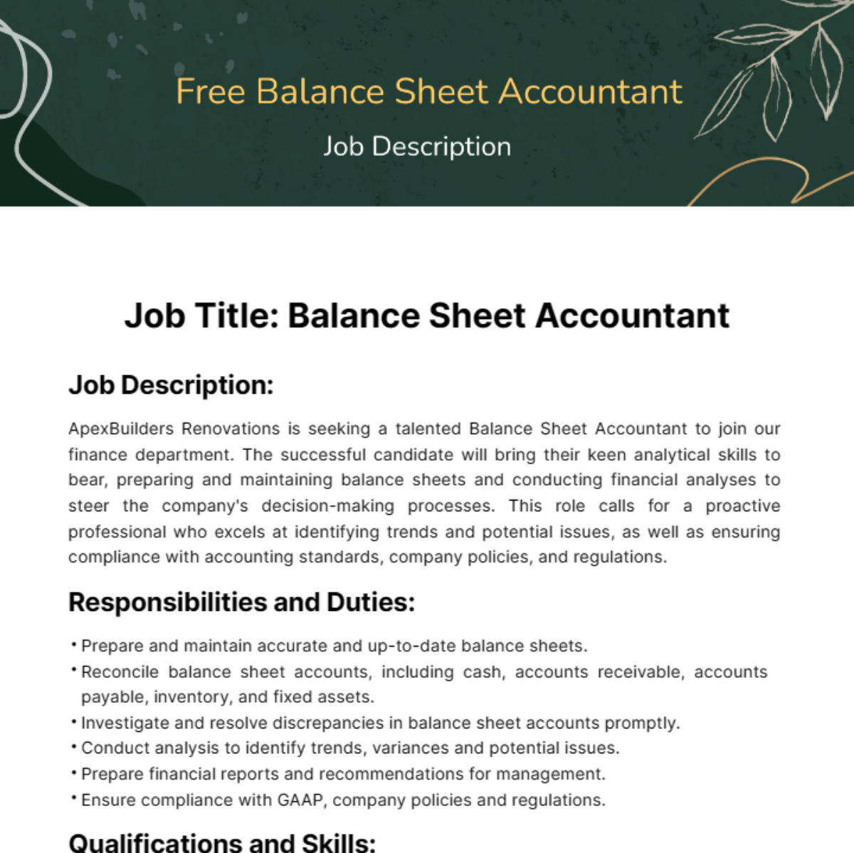 Balance Sheet Accounting Job Description Template