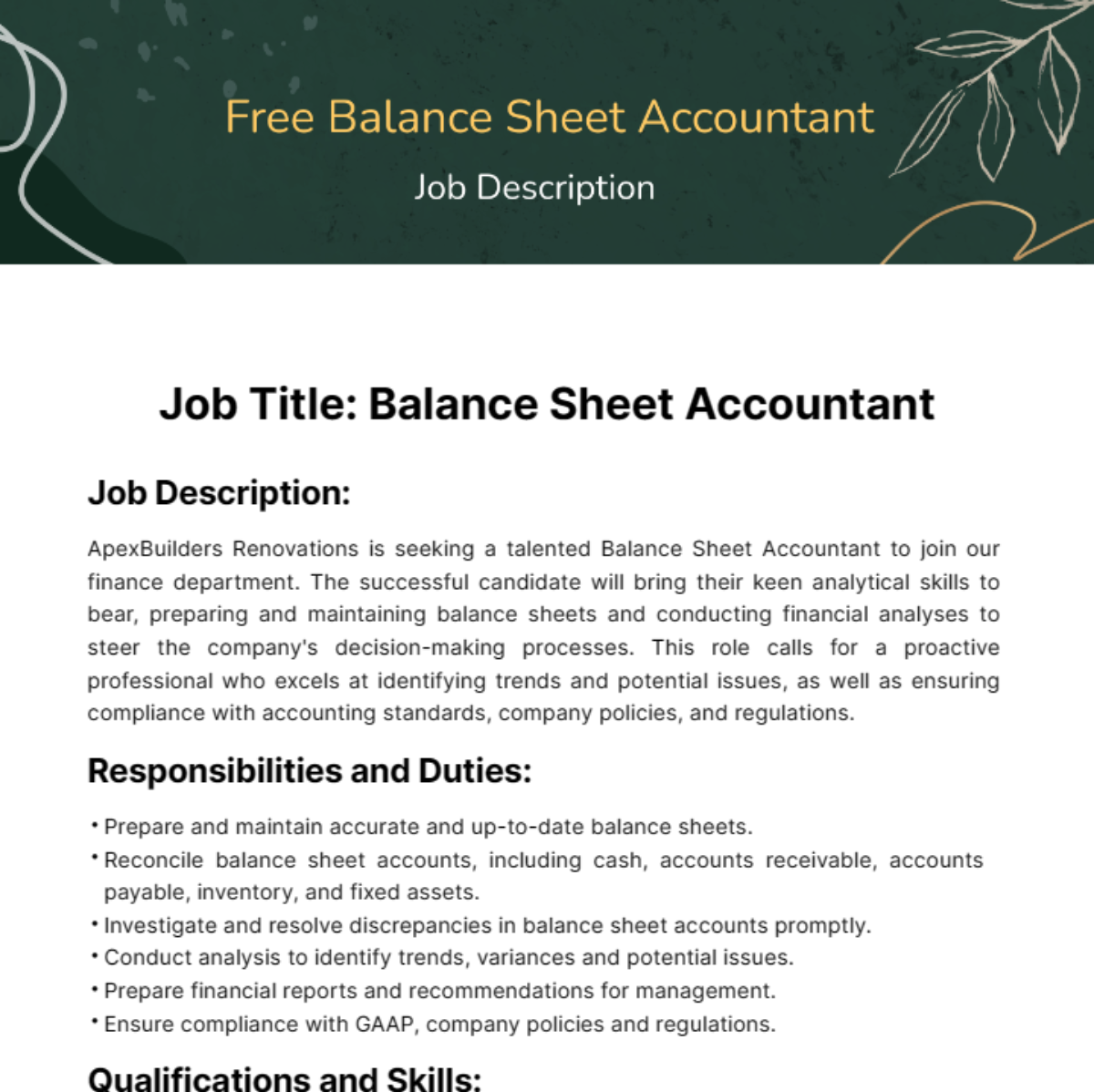 Balance Sheet Accounting Job Description Template - Edit Online & Download