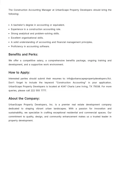Free Construction Accounting Job Description Template to Edit Online