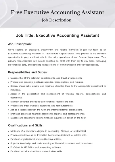 Free Executive Assistant Accounting Job Description Template to Edit Online