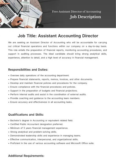 Free Assistant Director of Accounting Job Description Template to Edit Online