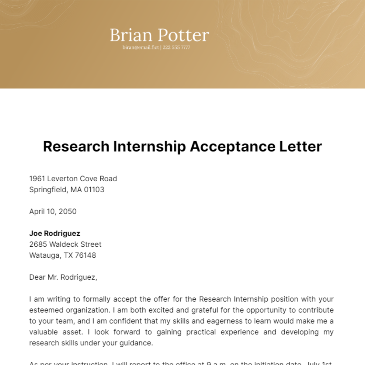 Research Internship Acceptance Letter Template