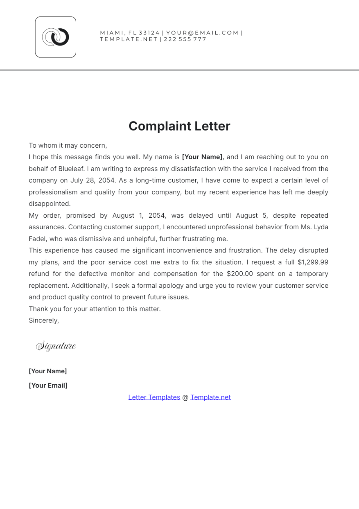 Free Complaint Letter Template