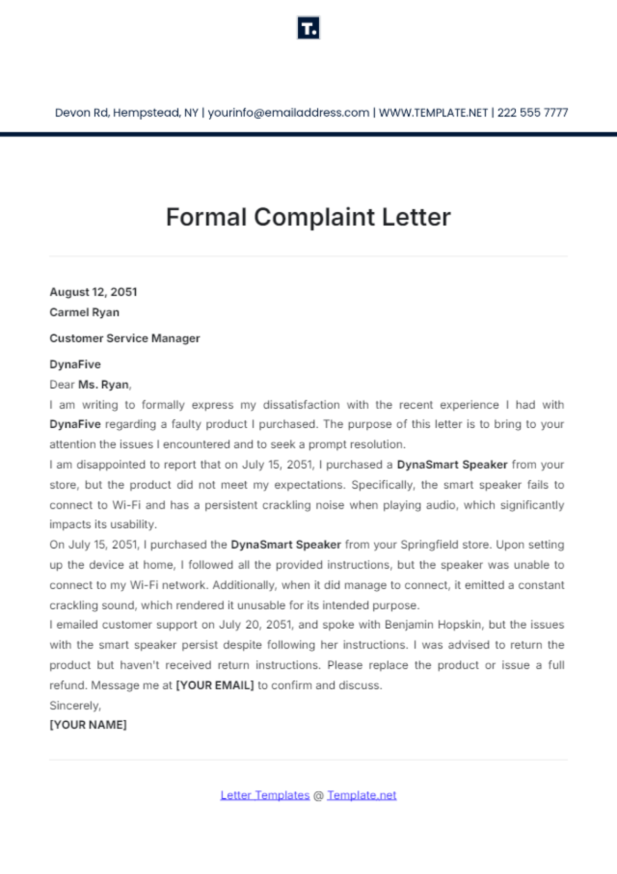 Formal Complaint Letter Template - Edit Online & Download