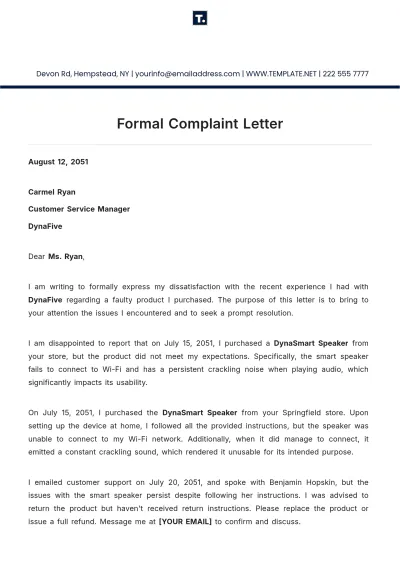 Free Formal Complaint Letter Template to Edit Online