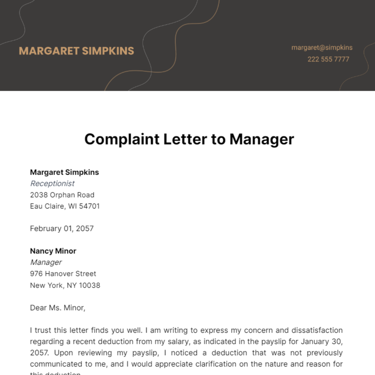 Complaint Letter to Manager Template