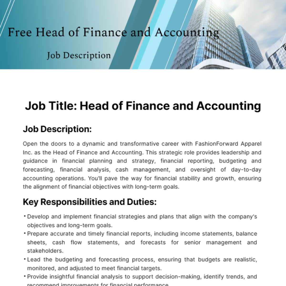 Head of Finance and Accounting Job Description Template