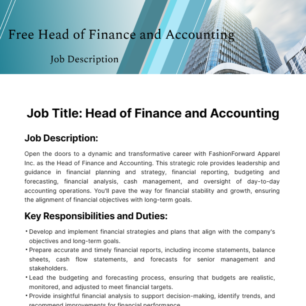 Head of Finance and Accounting Job Description Template - Edit Online & Download