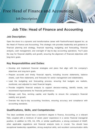 Free Head of Finance and Accounting Job Description Template to Edit Online