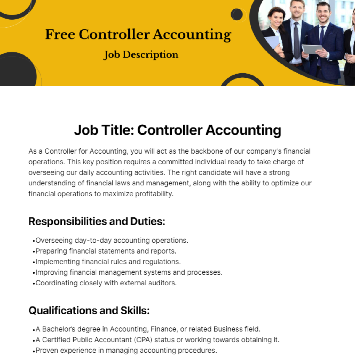 Controller Accounting Job Description Template