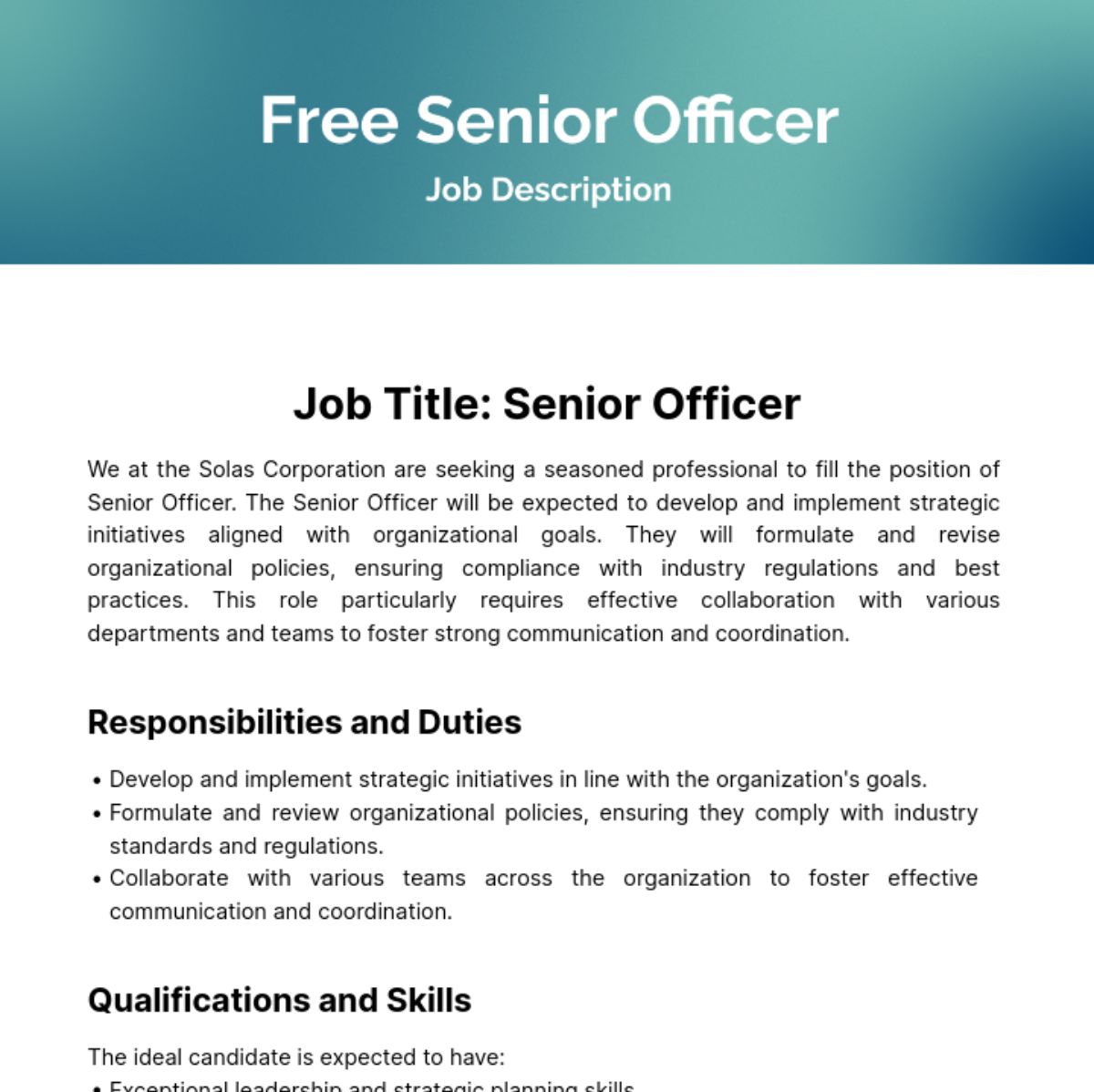 Senior Officer Job Description Template