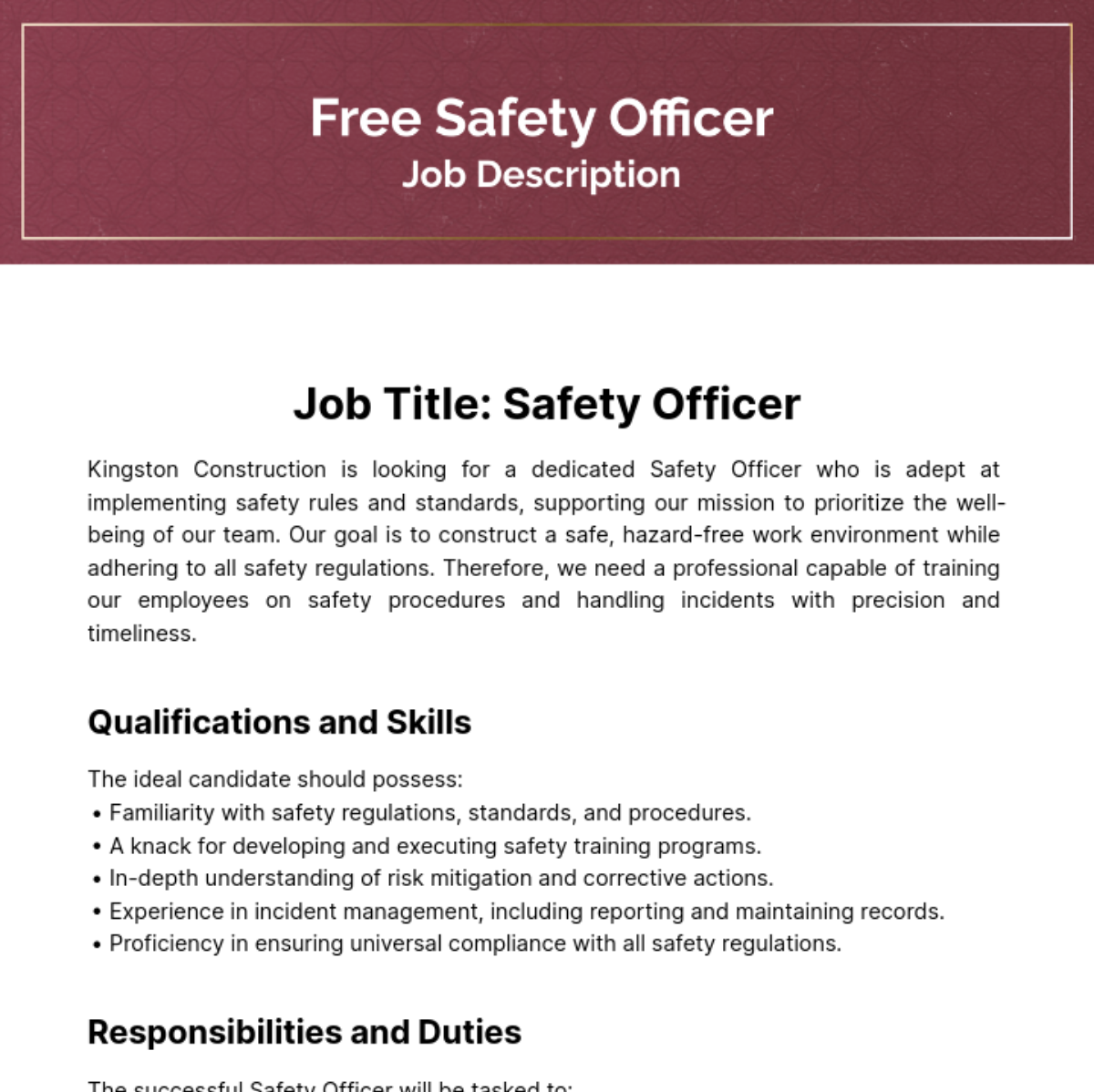 Safety Officer Job Description Template