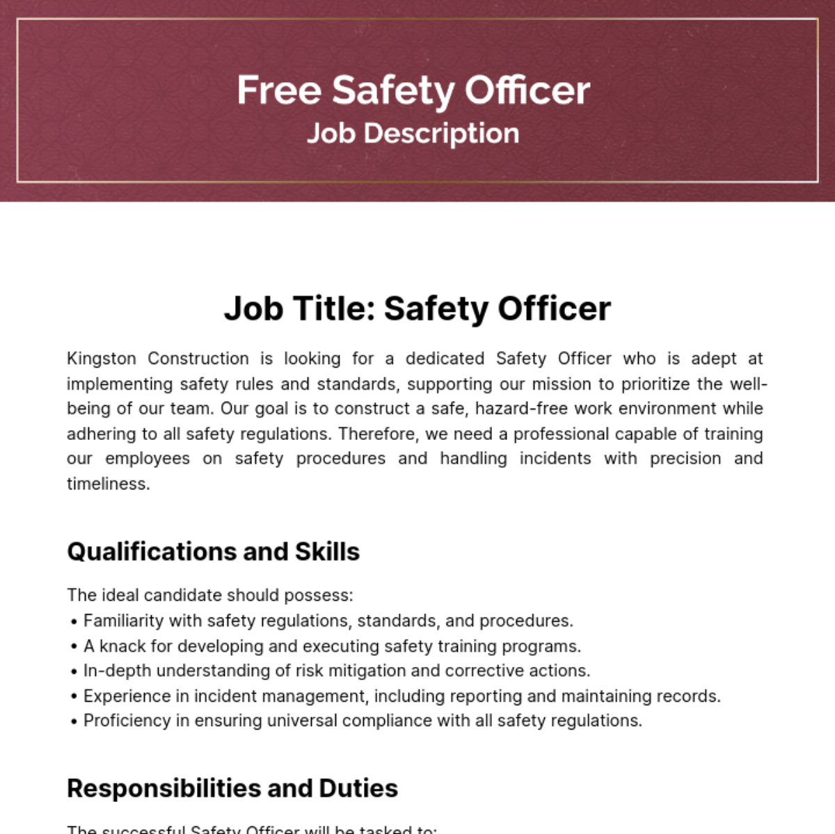 Safety Officer Job Description Template Edit Online Download 