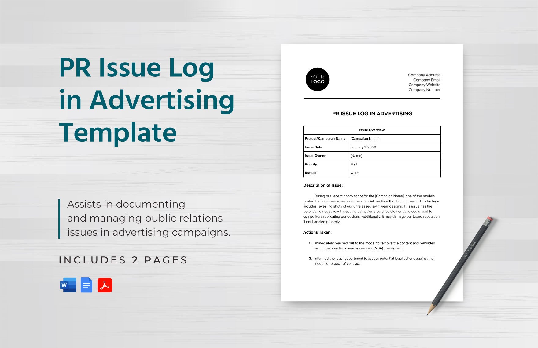 PR Issue Log in Advertising Template