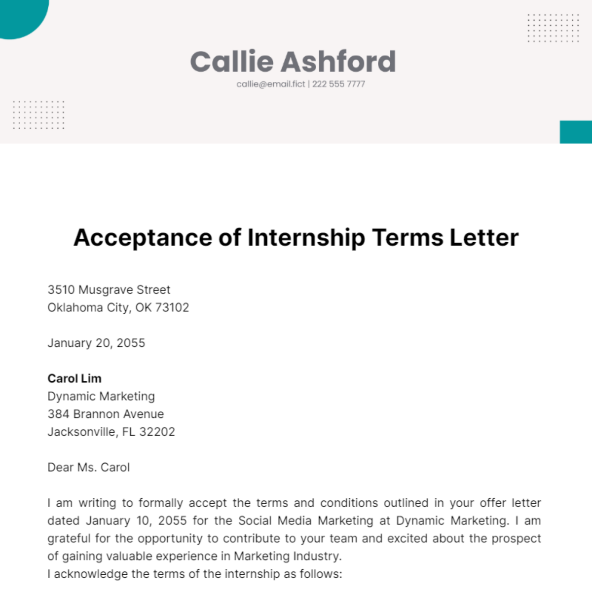 Free Acceptance of Internship Terms Letter Template