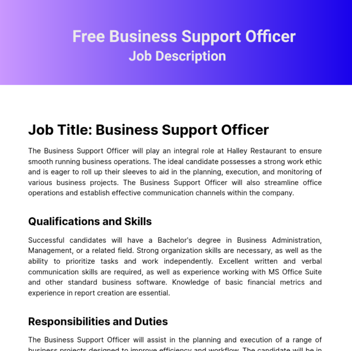 Business Support Officer Job Description Template