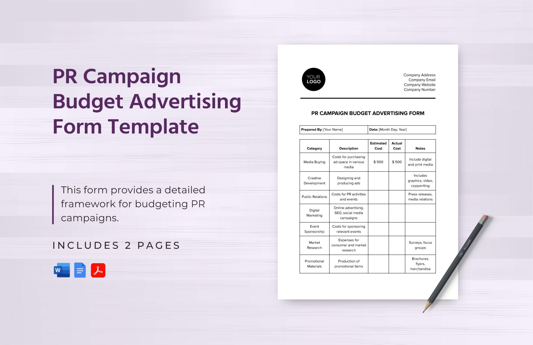 PR Campaign Budget Advertising Form Template in Word, Google Docs, PDF