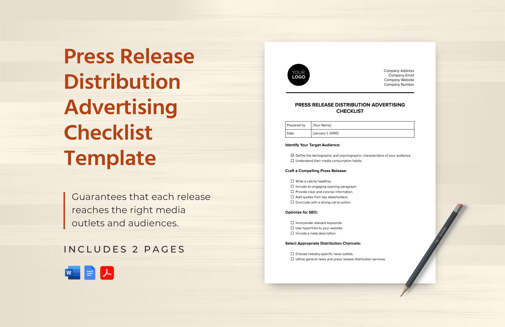 Press Release Distribution Advertising Checklist Template in Word, Google Docs, PDF