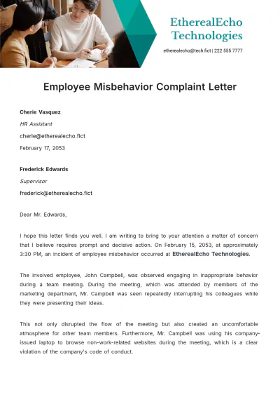 Free Employee Misbehavior Complaint Letter Template to Edit Online