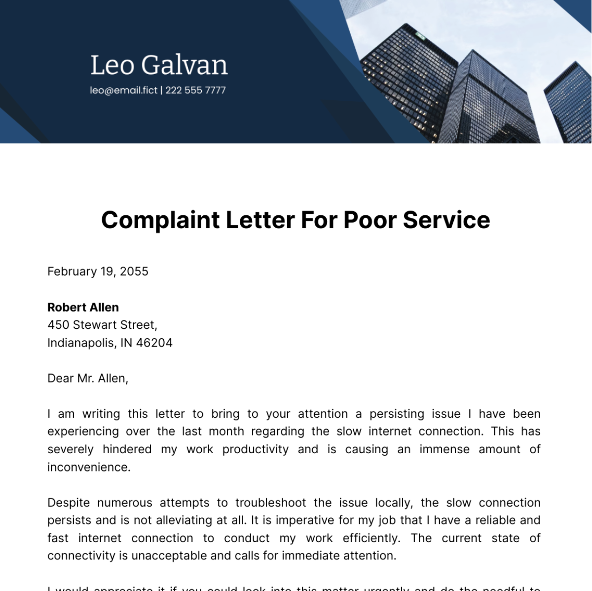 Complaint Letter for Poor Service Template