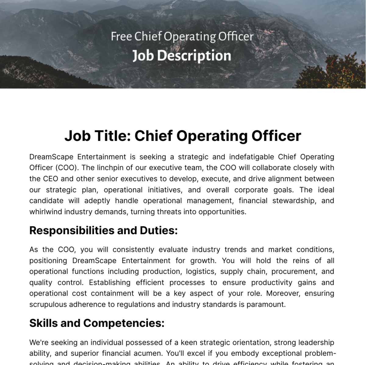 Chief Operating Officer Job Description Template