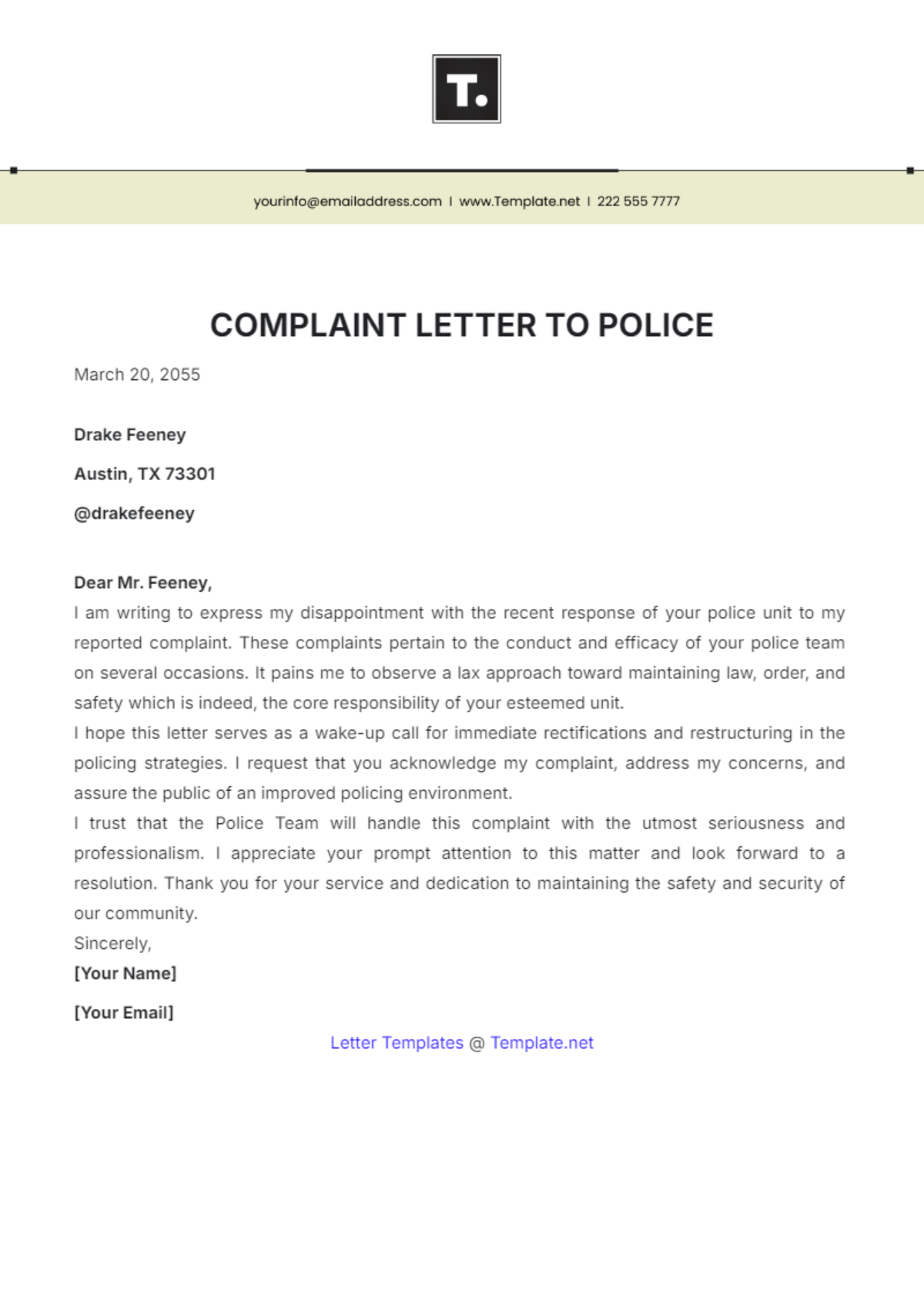 Complaint Letter to Police Template - Edit Online & Download