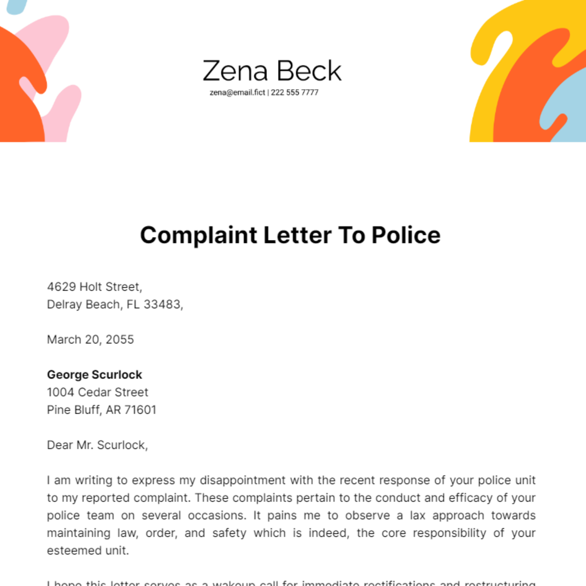 Complaint Letter to Police Template