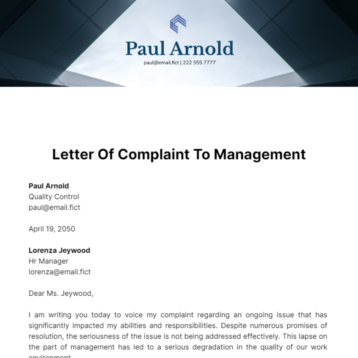 Letter of Complaint to Management Template